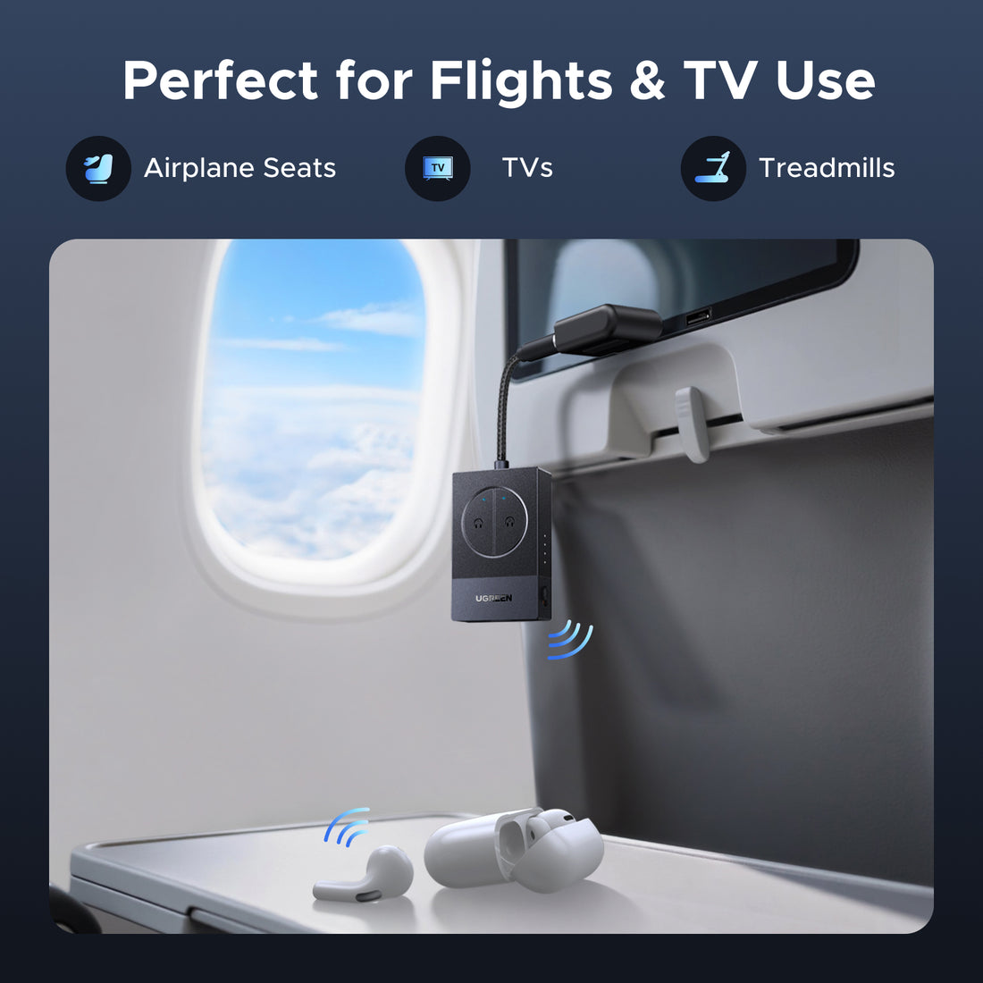 UGREEN 2-in-1 Airplane Bluetooth Transmitter [Dual Pairing & 19H Playtime] Wireless Audio Adapter with Dual 3.5mm AUX Plug