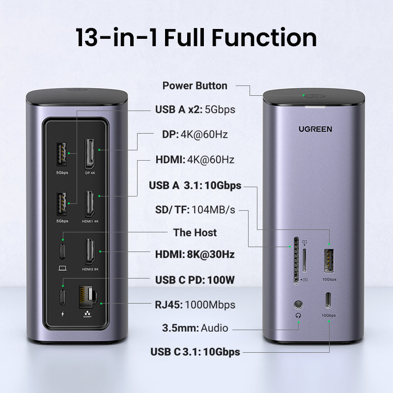 UGREEN 90325 Docking Station Triple Display, 12-in-1 8K MacBook Station with 2 HDMI, DP, 10 Gbps USB C and USB A 3.2, 100W PD Charging, Ethernet, Audio, SD TF Card Reader for MacOS, Windows