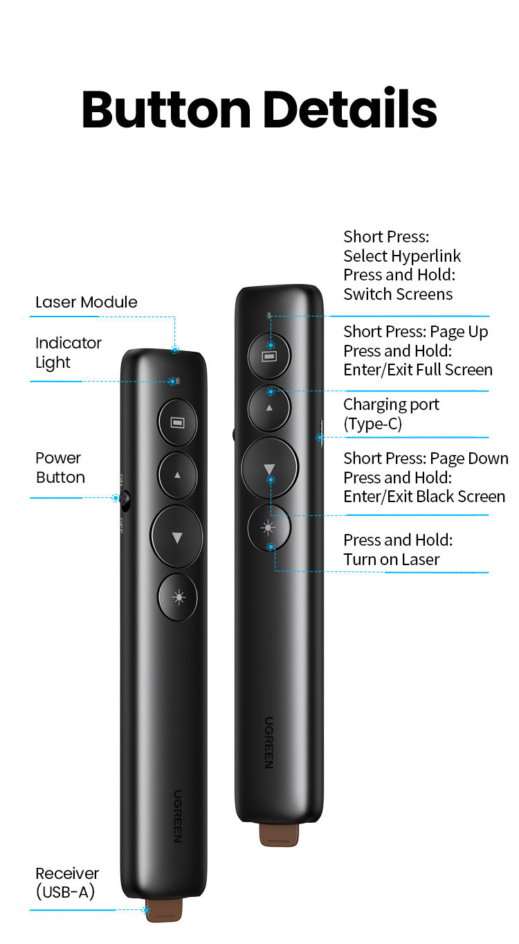 UGREEN Wireless Presenter Presentation Remote Clicker Laser Pointer 2.4GHz USB Powerpoint PPT Pen for Office Mac Window