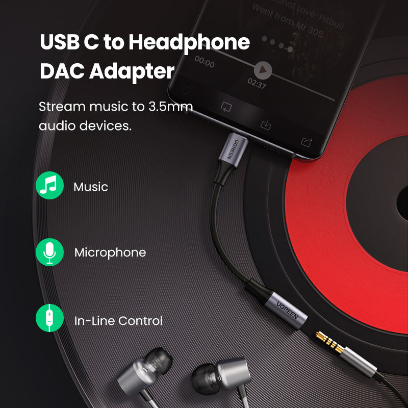 UGREEN 80154 USB-C to 3.5mm Aux Aluminum Shell with Braided 10cm (Space Gray)