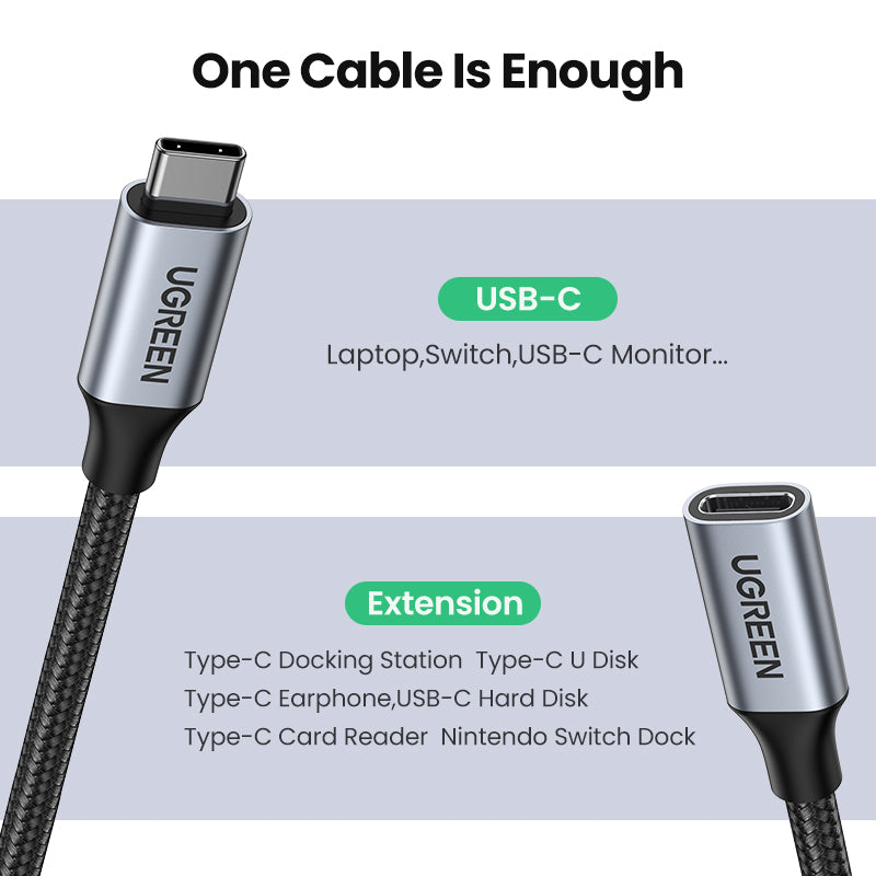 UGREEN USB C Extension Cable 10Gbps Type C Male to Female Extender Cord Nylon Braided 100W Fast Charge 4K 60Hz Video Display Lead Compatible with iPhone 16, MacBook/iPad Pro Air