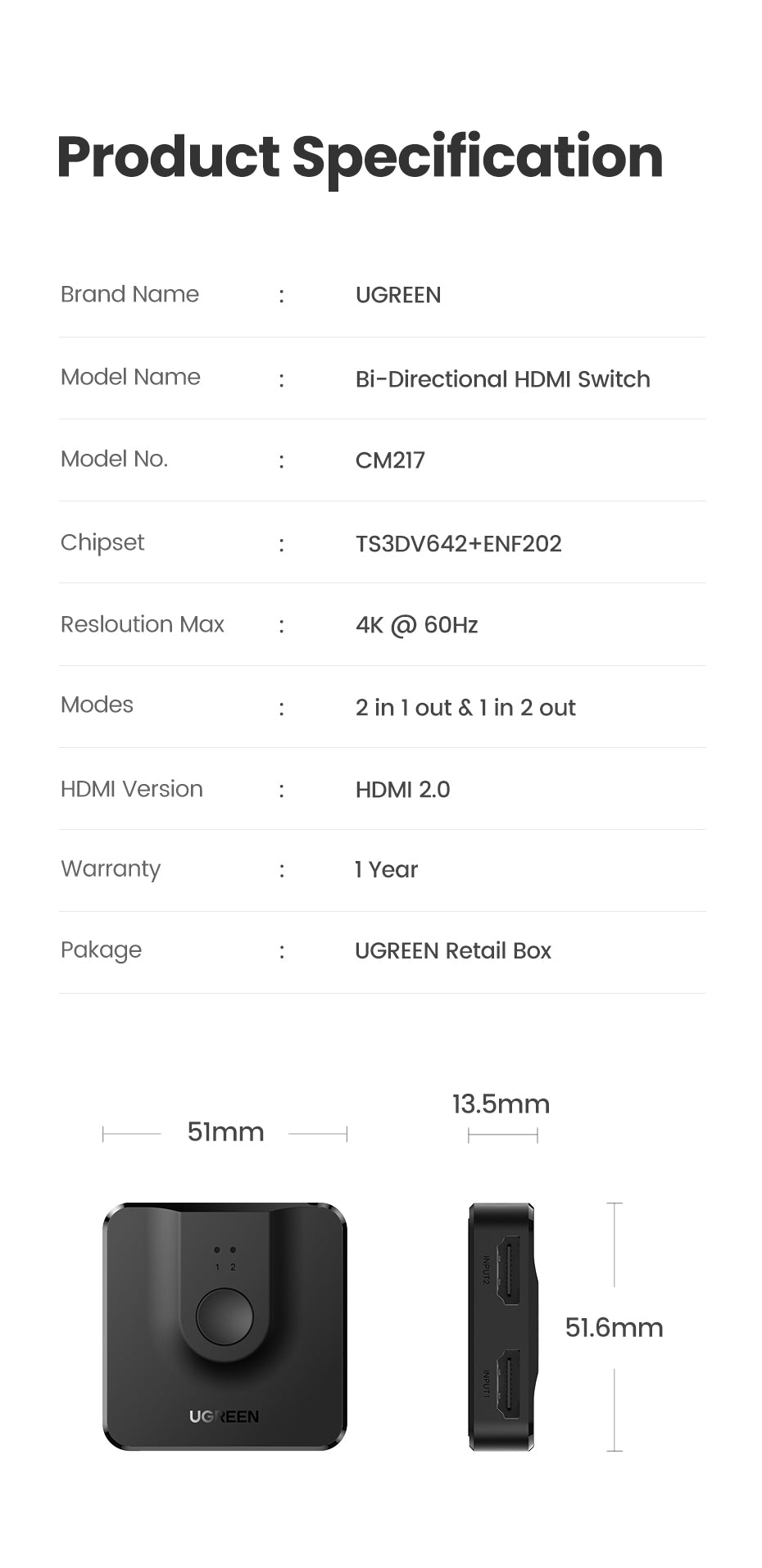 UGREEN 50966 2 In 1 Out HDMI Switcher 4K@60Hz