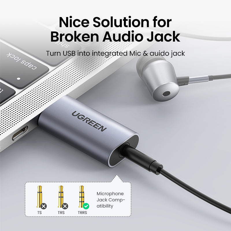 UGREEN 80864 USB to Audio Jack USB External Sound Card 3.5mm Audio Adapter 2 in 1 USB to 3.5mm TRRS Headphone Adapter Microphone Stereo Jack Aluminum