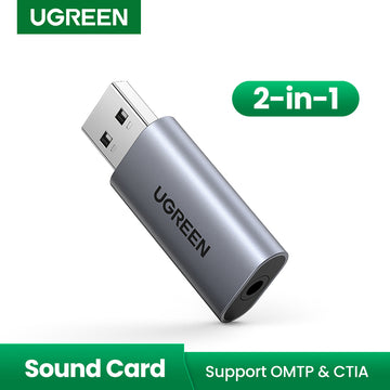 UGREEN 80864 USB to Audio Jack USB External Sound Card 3.5mm Audio Adapter 2 in 1 USB to 3.5mm TRRS Headphone Adapter Microphone Stereo Jack Aluminum