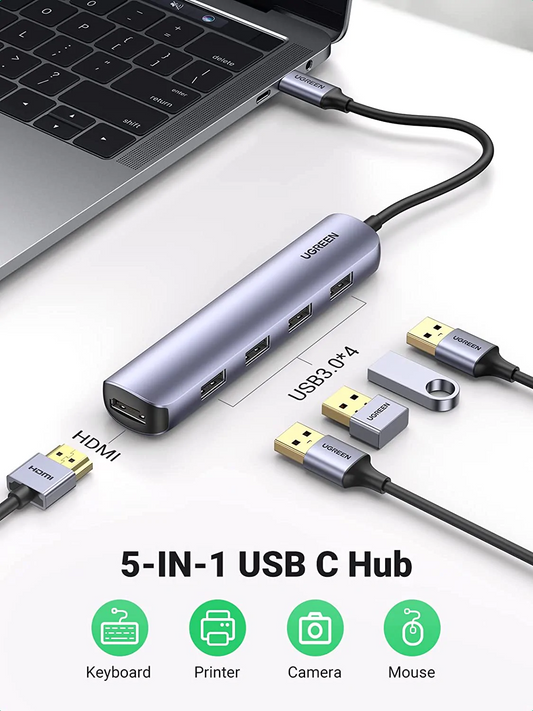 UGREEN 20197 USB C Hub 5 in 1 Dongle USB C to HDMI Multiport Adapter Type C Dock with 4K HDMI Output 4 USB 3.0 Ports Compatible for MacBook Pro iPad Pro