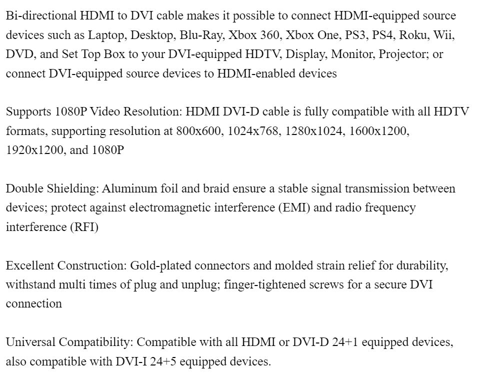 UGREEN  HDMI to DVI Cable Bi Directional DVI-D 24+1 Male to HDMI Male High Speed Adapter Cable Support 1080P Full HD